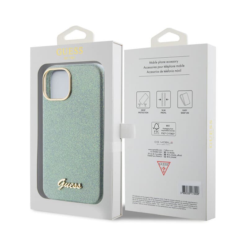 Guess iPhone 15 TPU Back Cover - Glitter Glossy Script
