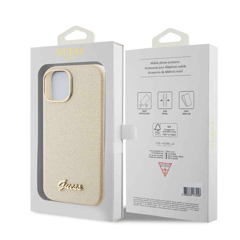 Guess iPhone 15 TPU Back Cover - Glitter Glossy Script