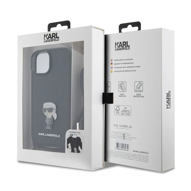 Karl Lagerfeld iPhone 15 Case | TPU Hardcase Saffiano Ikonik Metal Pin - Crossbody