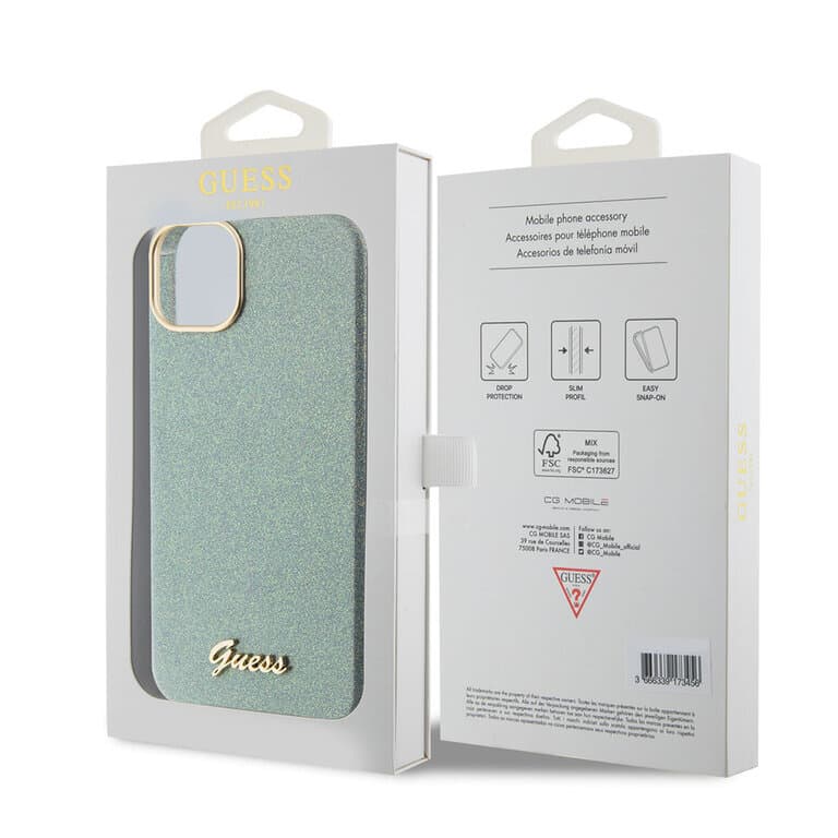 Guess iPhone 15 Plus TPU Back Cover - Glitter Glossy Script