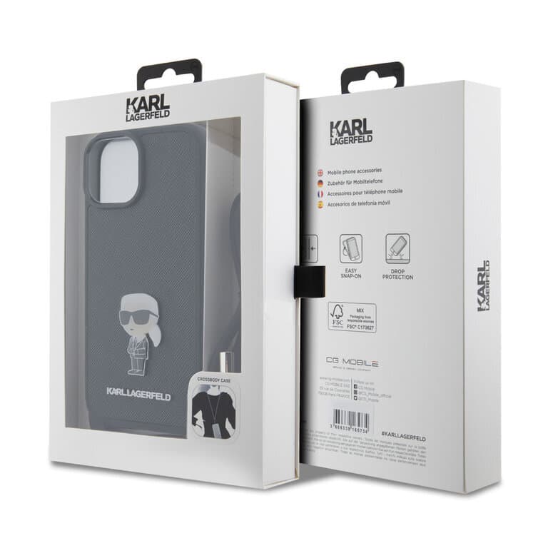 Karl Lagerfeld iPhone 15 Plus TPU Hardcase | Saffiano | Ikonik Metal Pin | Crossbody