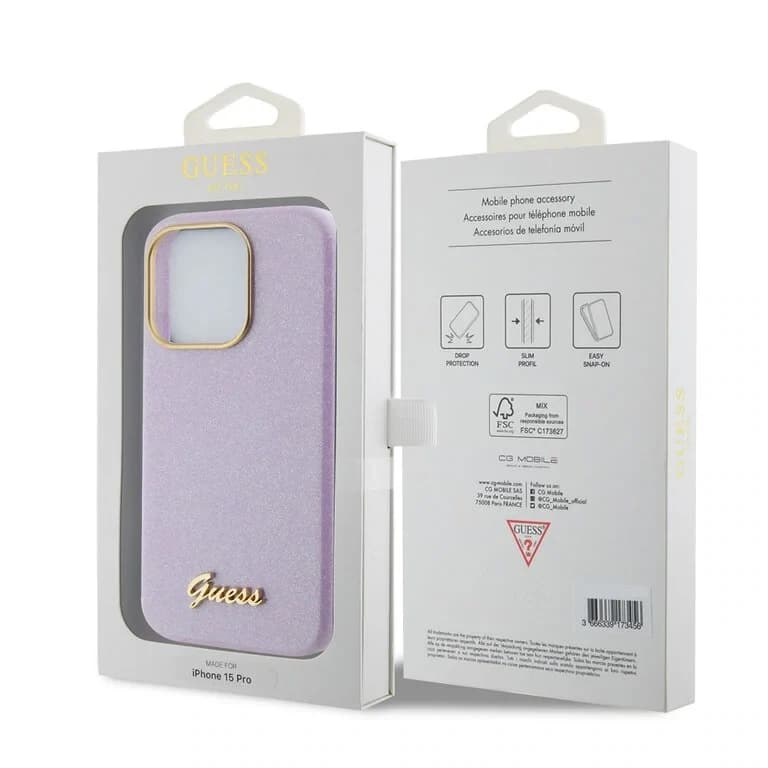 Guess iPhone 15 Pro TPU Back Cover - Glitter Glossy Script