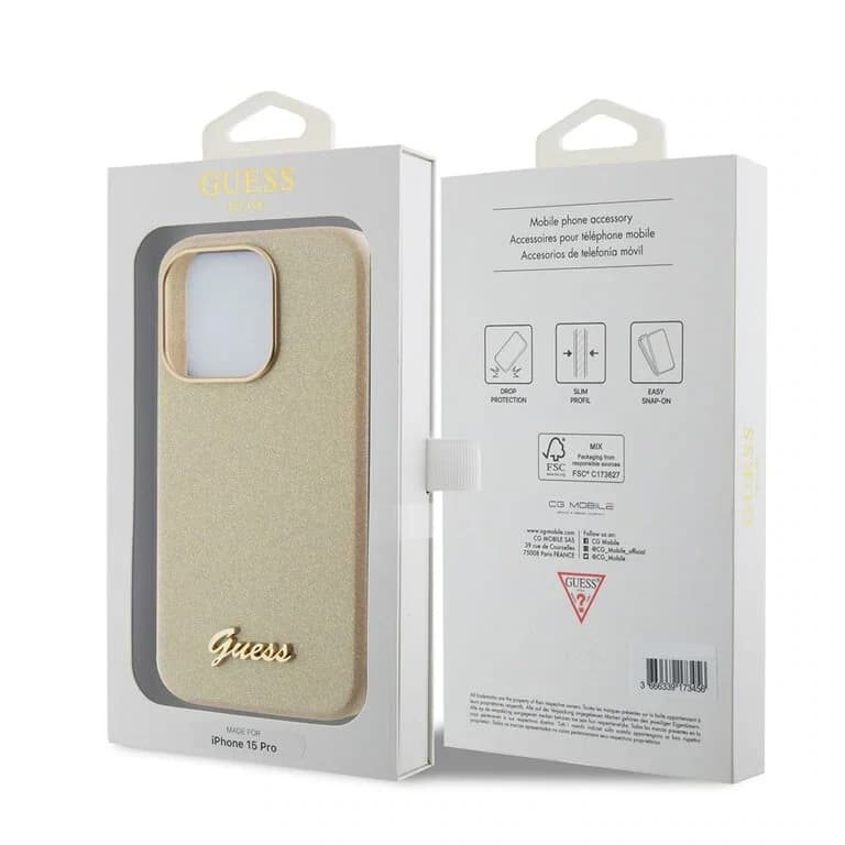 Guess iPhone 15 Pro TPU Back Cover - Glitter Glossy Script