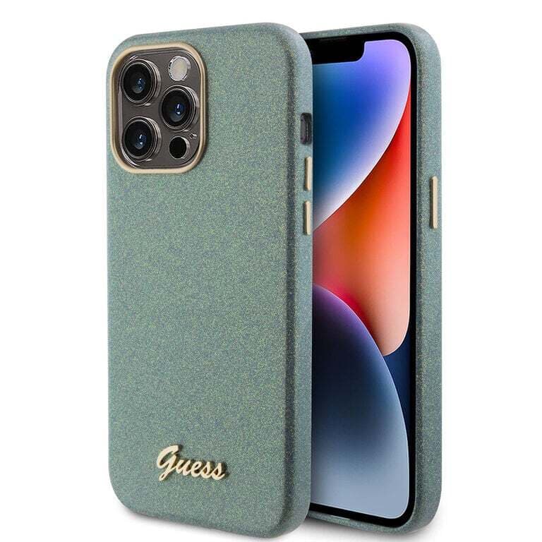Guess iPhone 15 Pro Max TPU Achtercover - Glitter Glanzend Script