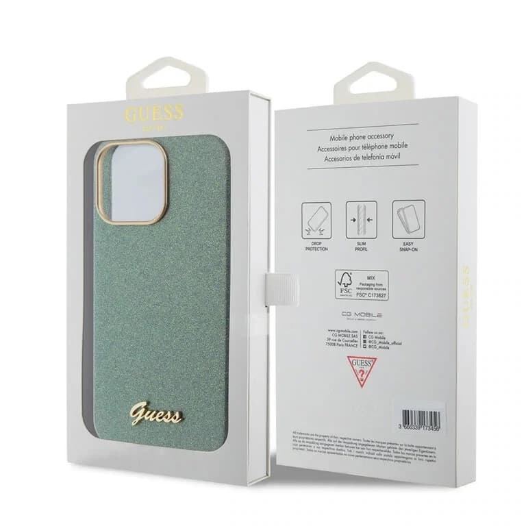Guess iPhone 15 Pro Max TPU Achtercover - Glitter Glanzend Script