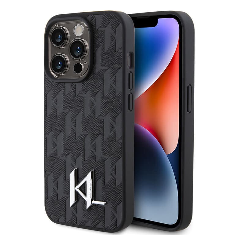 Karl Lagerfeld iPhone 15 Pro Max TPU Hardcase - Hot Stamp - KL Metal Logo - Monogram - Zwart