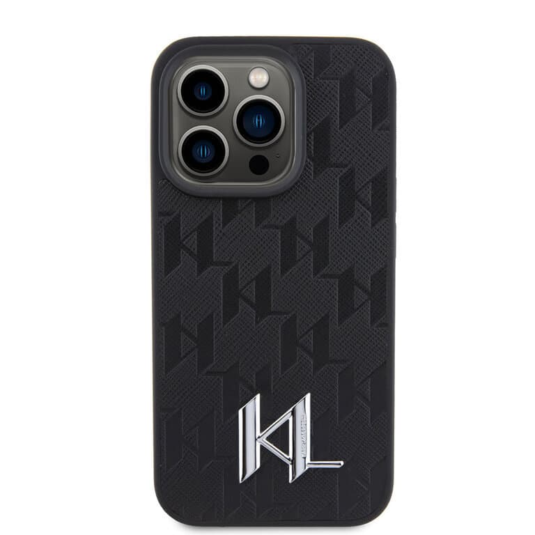 Karl Lagerfeld iPhone 15 Pro Max TPU Hardcase - Hot Stamp - KL Metal Logo - Monogram - Zwart