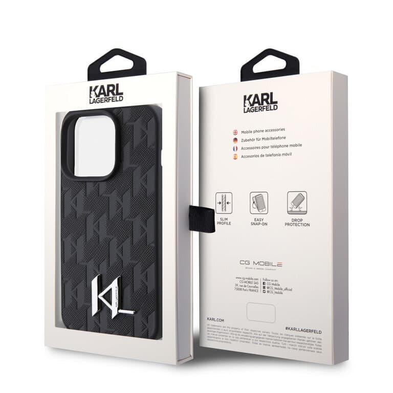 Karl Lagerfeld iPhone 15 Pro Max TPU Hardcase - Hot Stamp - KL Metal Logo - Monogram - Zwart