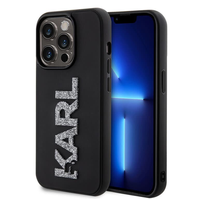 Karl Lagerfeld iPhone 15 Pro Max Hoesje | TPU Hardcase 3D Glitter Logo Zwart