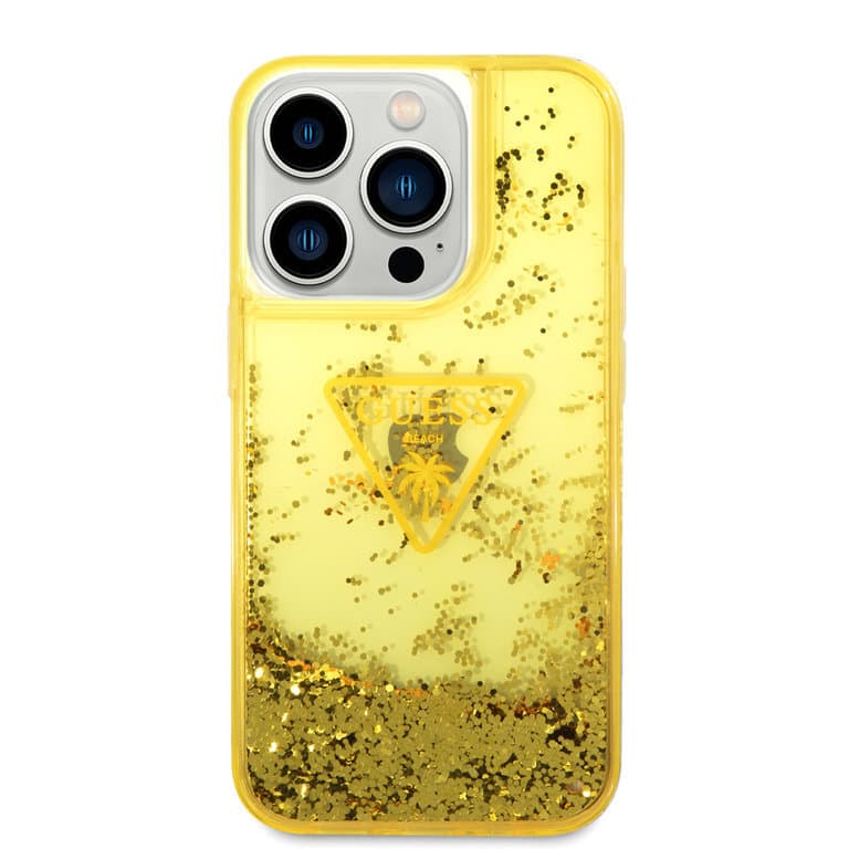 Guess iPhone 14 Pro Max Hardcase Backcover - Vloeibare Glitter Doorschijnend Geel