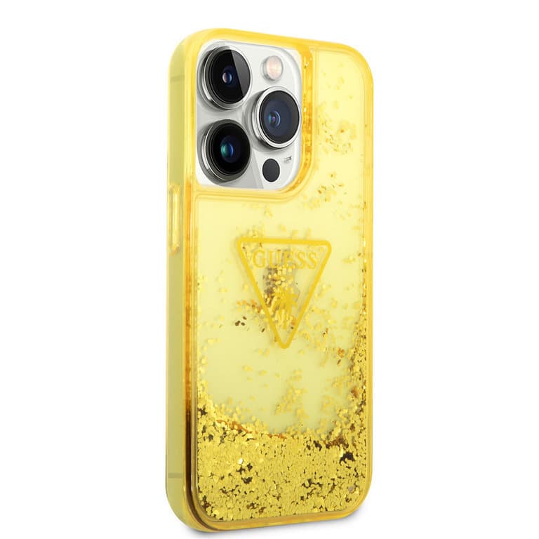 Guess iPhone 14 Pro Max Hardcase Backcover - Vloeibare Glitter Doorschijnend Geel