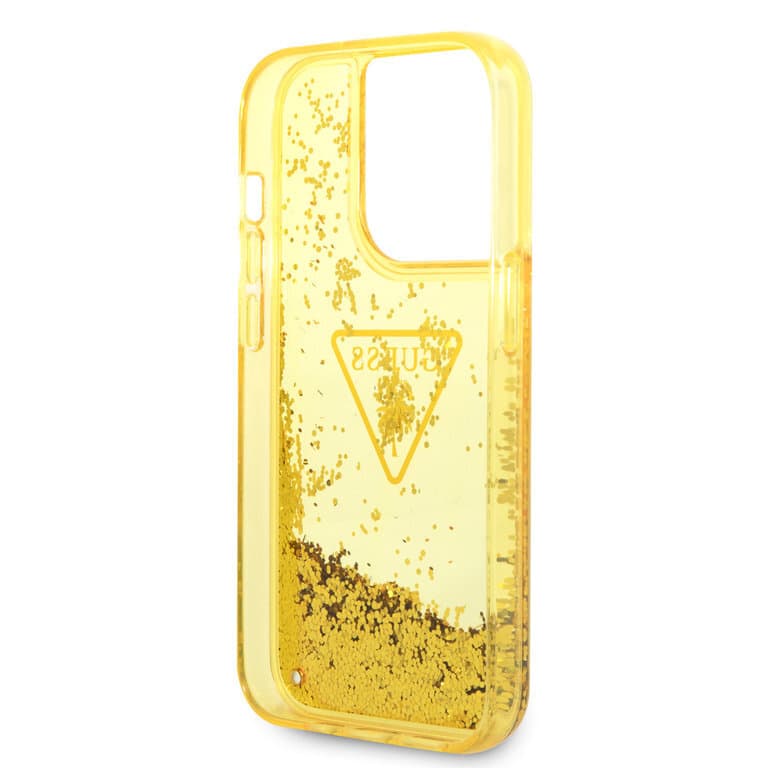 Guess iPhone 14 Pro Max Hardcase Backcover - Vloeibare Glitter Doorschijnend Geel