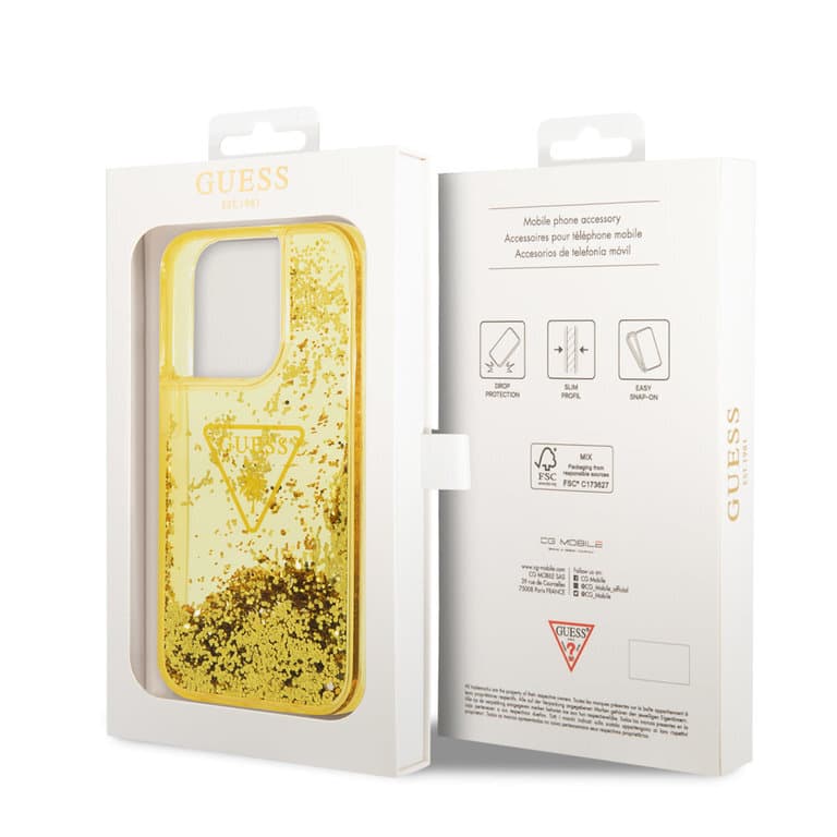 Guess iPhone 14 Pro Max Hardcase Backcover - Vloeibare Glitter Doorschijnend Geel