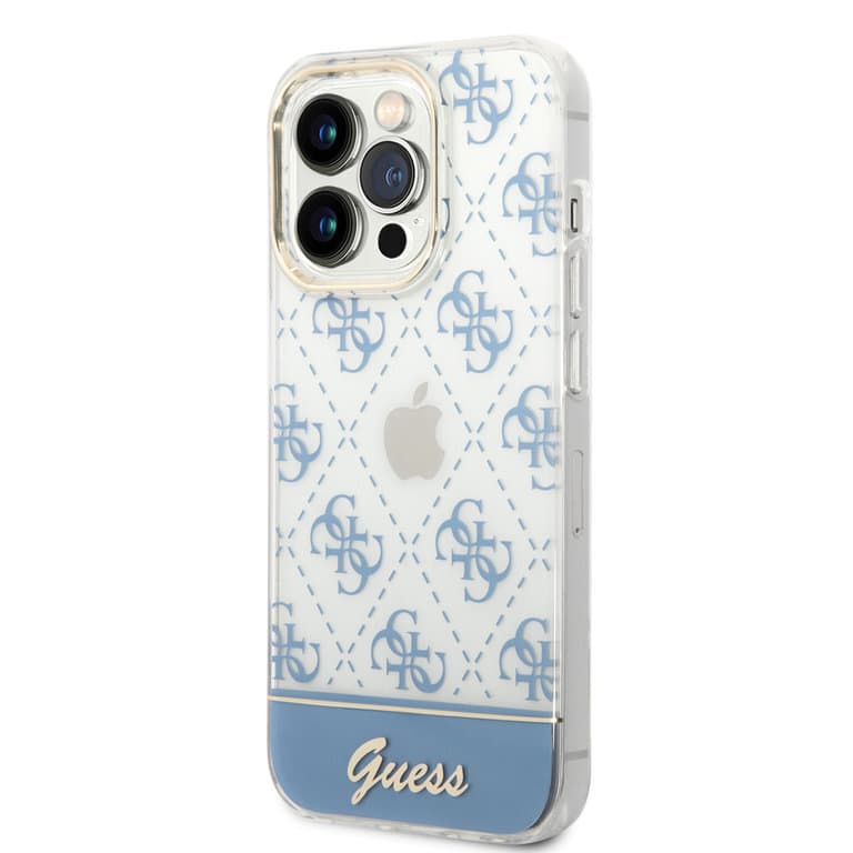 Guess iPhone 14 Pro Max Hardcase Achtercover - 4G Patroonscript - Blauw