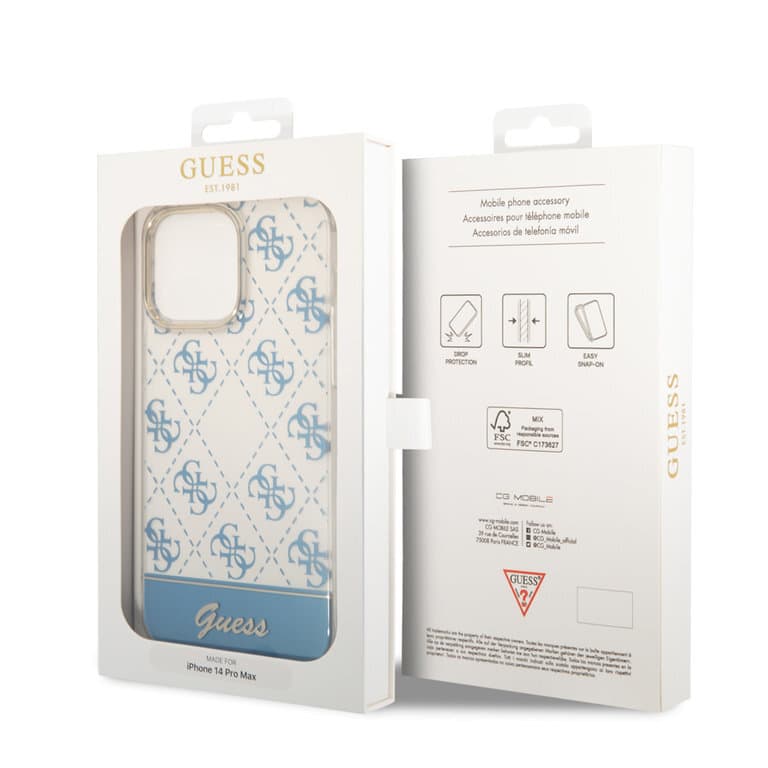 Guess iPhone 14 Pro Max Hardcase Achtercover - 4G Patroonscript - Blauw