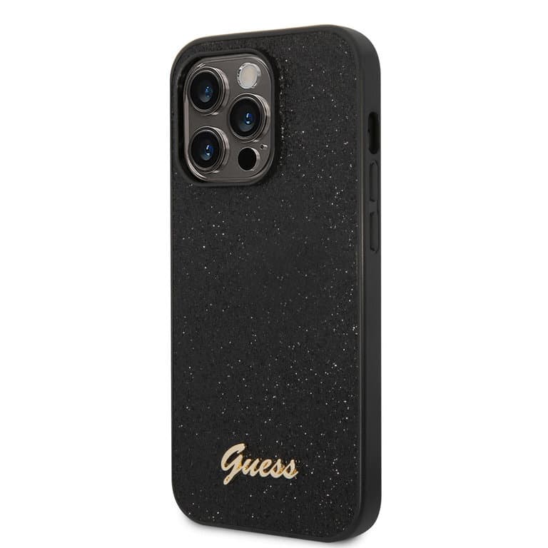 Guess iPhone 14 Pro Max Hardcase Achtercover - Glitter Script - Zwart