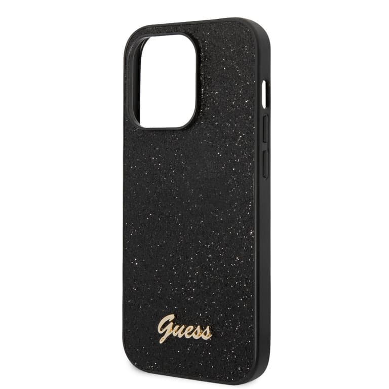 Guess iPhone 14 Pro Max Hardcase Achtercover - Glitter Script - Zwart