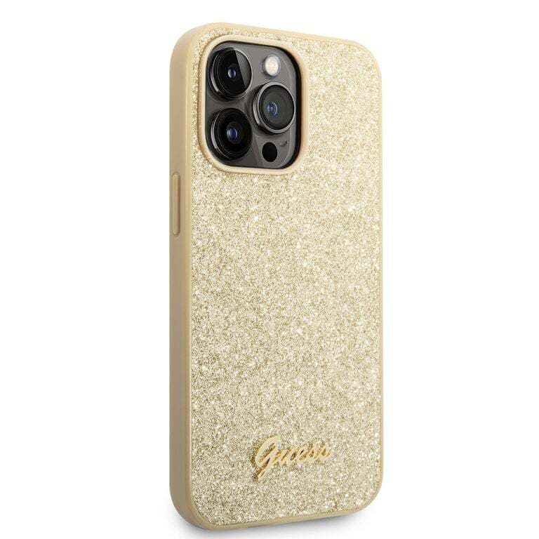 Guess iPhone 14 Pro Max Hardcase Back Cover - Glitter Script - Gold