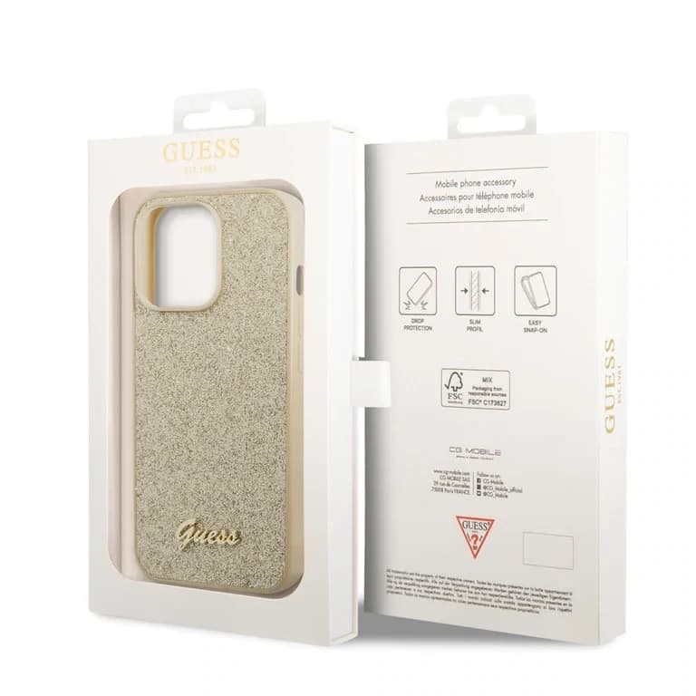 Guess iPhone 14 Pro Max Hardcase Back Cover - Glitter Script - Gold