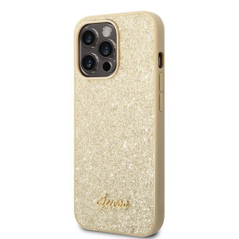 Guess iPhone 14 Pro Max Hardcase Back Cover - Glitter Script - Gold