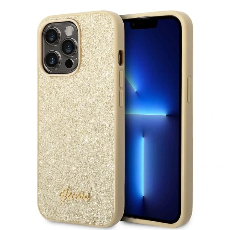Guess iPhone 14 Pro Max Hardcase Back Cover - Glitter Script - Gold