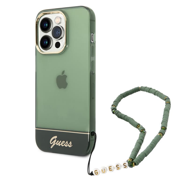 Guess iPhone 14 Pro Max Hardcase Back Cover - Translucent - With Strap - Green