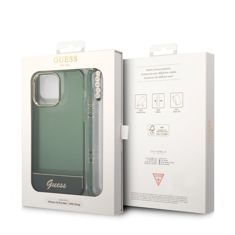 Guess iPhone 14 Pro Max Hardcase Back Cover - Translucent - With Strap - Green