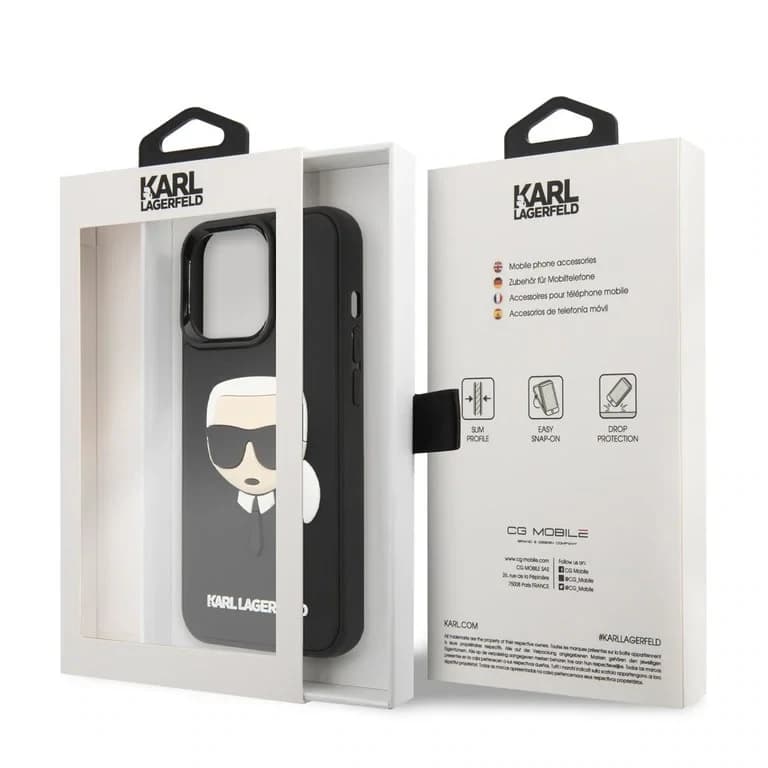 Karl Lagerfeld iPhone 14 Pro Max Hardcase Achtercover - 3D Rubberen Karl's Hoofd - Zwart