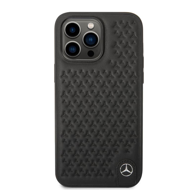 Mercedes-Benz iPhone 14 Pro Max Hardcase Achtercover - Echt leer - Sterpatroon - Zwart