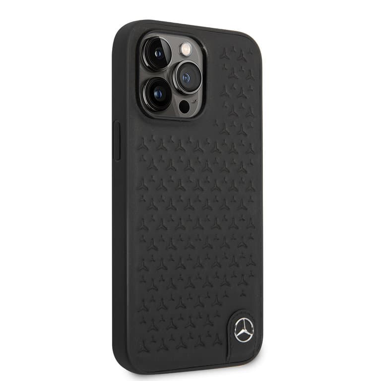 Mercedes-Benz iPhone 14 Pro Max Hardcase Achtercover - Echt leer - Sterpatroon - Zwart