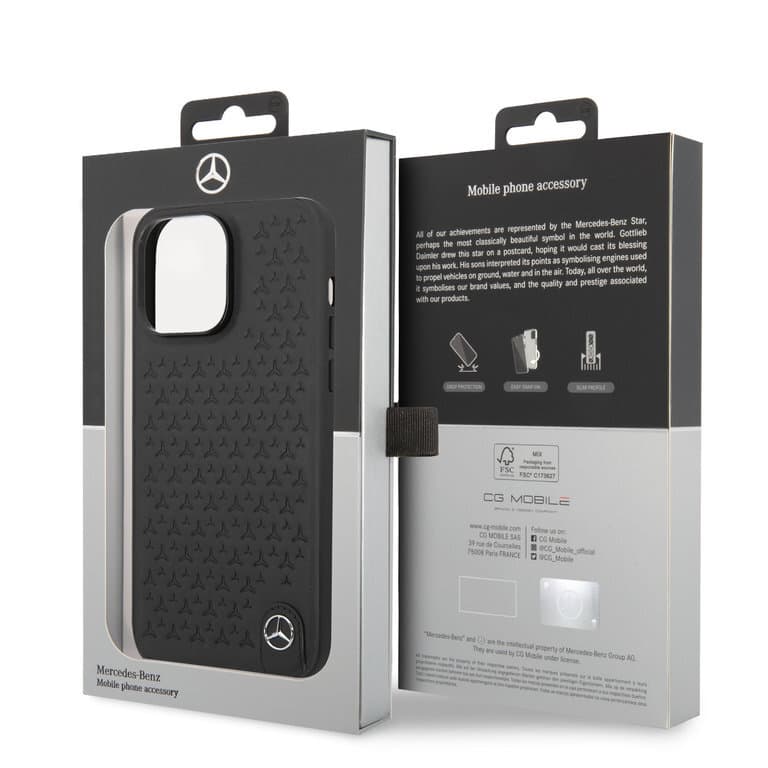Mercedes-Benz iPhone 14 Pro Max Hardcase Achtercover - Echt leer - Sterpatroon - Zwart