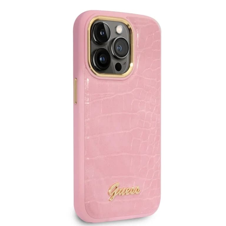 Guess iPhone 14 Pro Hardcase Achtercover - Croco - Metalen Knoppen & Camera