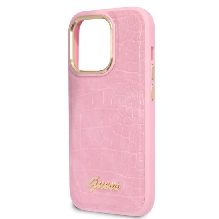 Guess iPhone 14 Pro Hardcase Achtercover - Croco - Metalen Knoppen & Camera