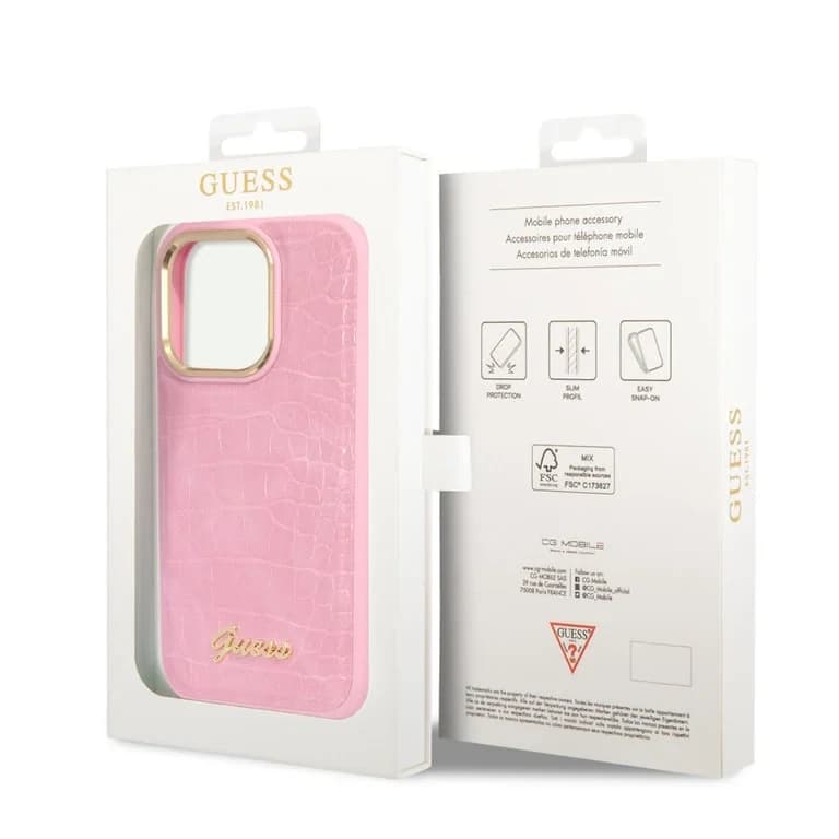 Guess iPhone 14 Pro Hardcase Achtercover - Croco - Metalen Knoppen & Camera