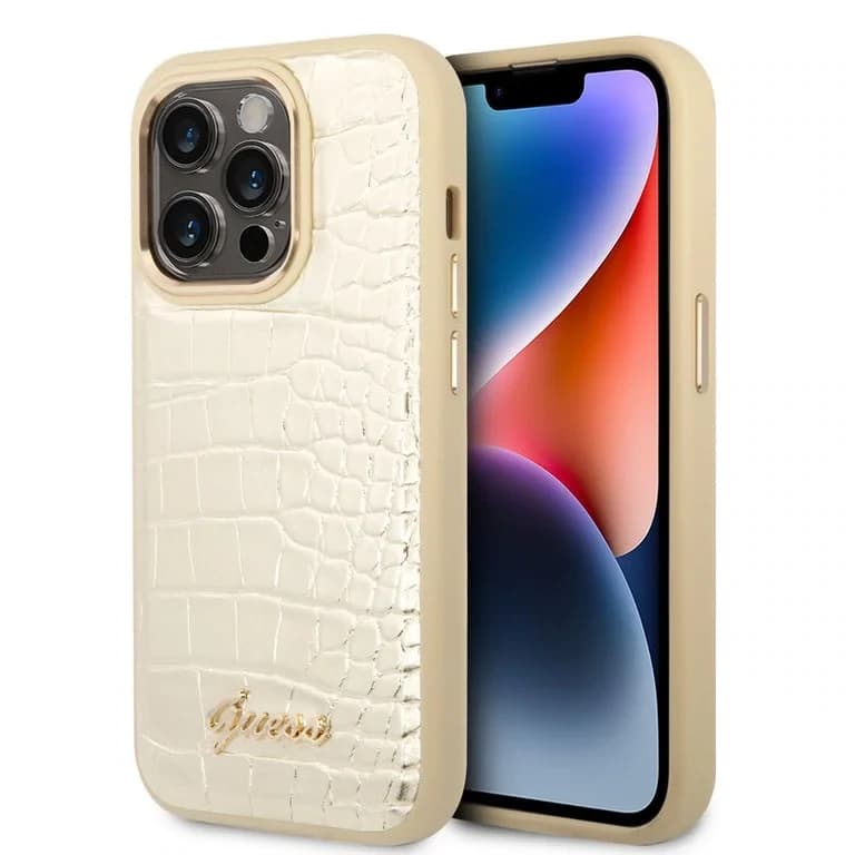 Guess iPhone 14 Pro Hardcase Achtercover - Croco - Metalen Knoppen & Camera