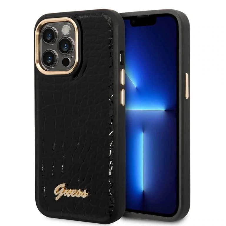 Guess iPhone 14 Pro Hardcase Achtercover - Croco - Metalen Knoppen & Camera