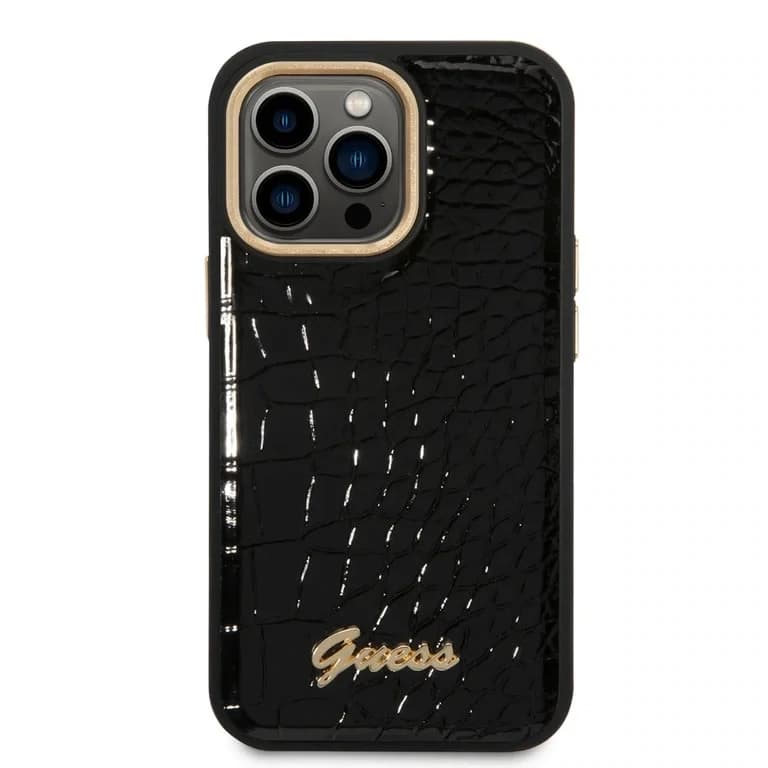Guess iPhone 14 Pro Hardcase Achtercover - Croco - Metalen Knoppen & Camera