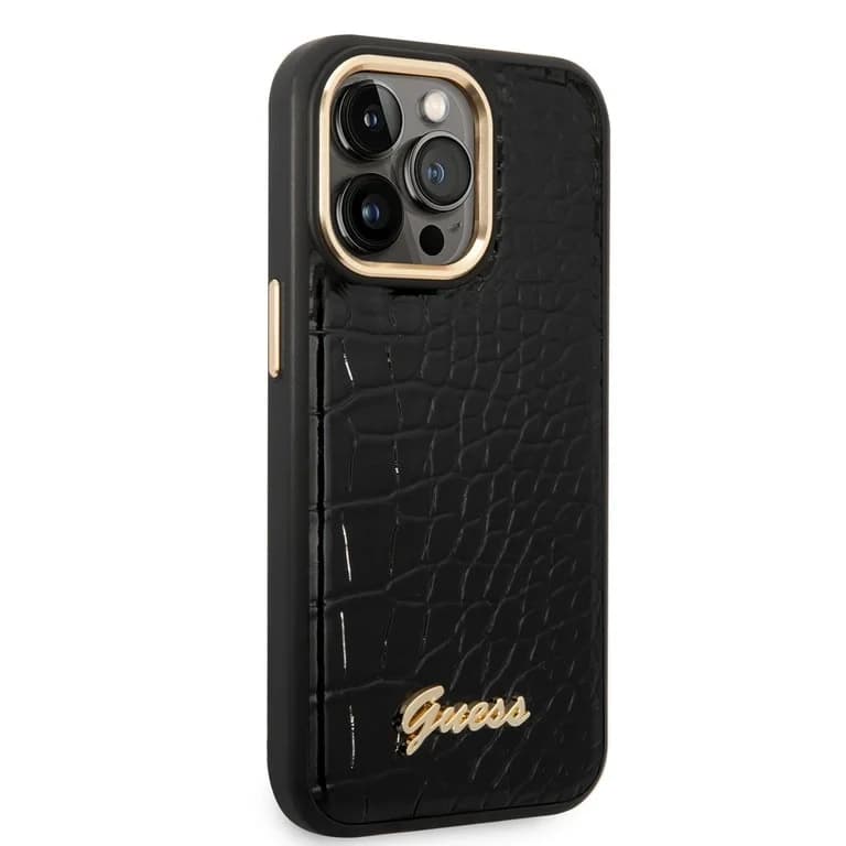 Guess iPhone 14 Pro Hardcase Achtercover - Croco - Metalen Knoppen & Camera