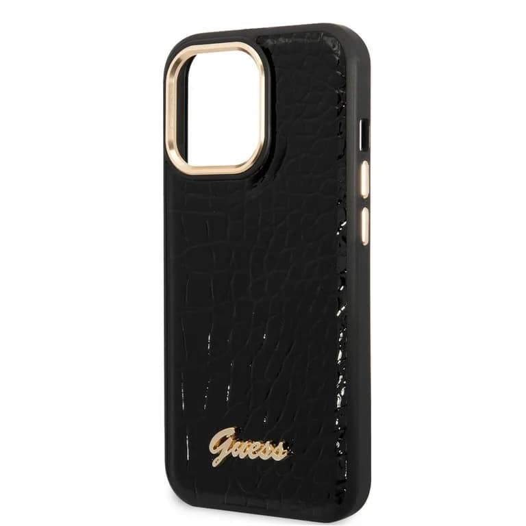 Guess iPhone 14 Pro Hardcase Achtercover - Croco - Metalen Knoppen & Camera