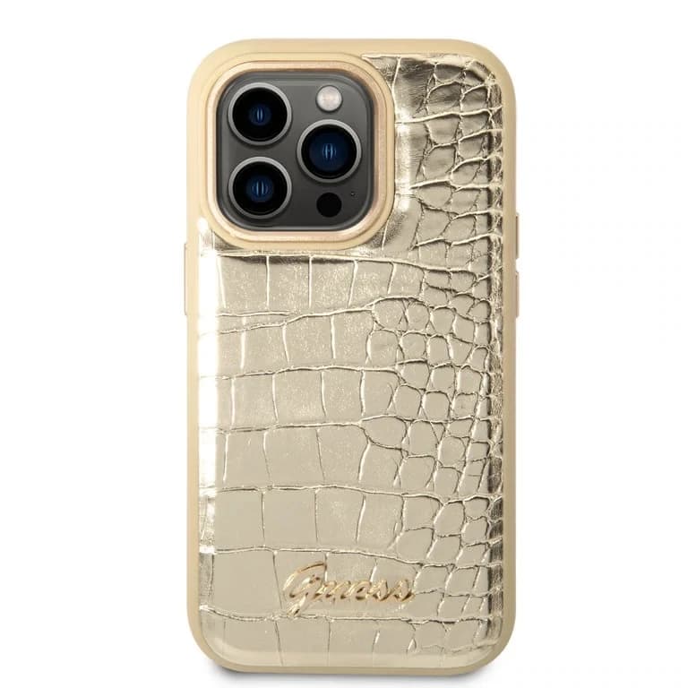 Guess iPhone 14 Pro Hardcase Achtercover - Croco - Metalen Knoppen & Camera
