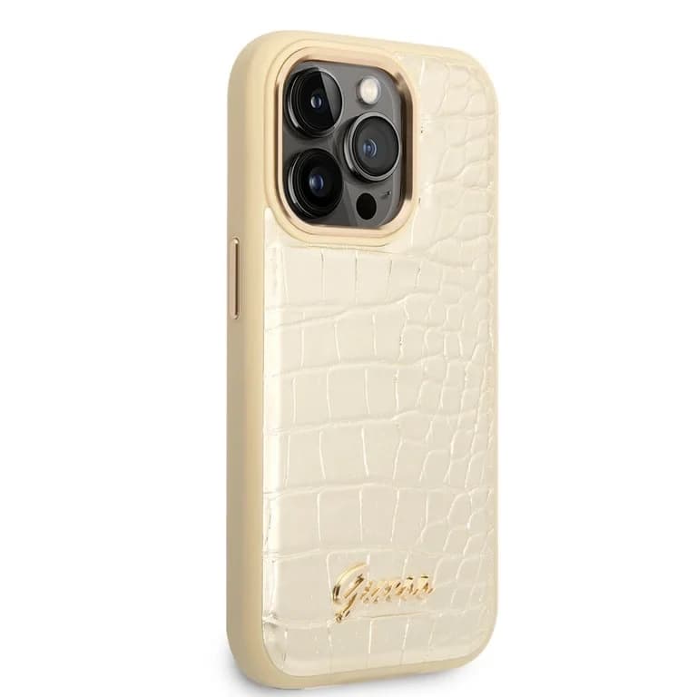 Guess iPhone 14 Pro Hardcase Achtercover - Croco - Metalen Knoppen & Camera