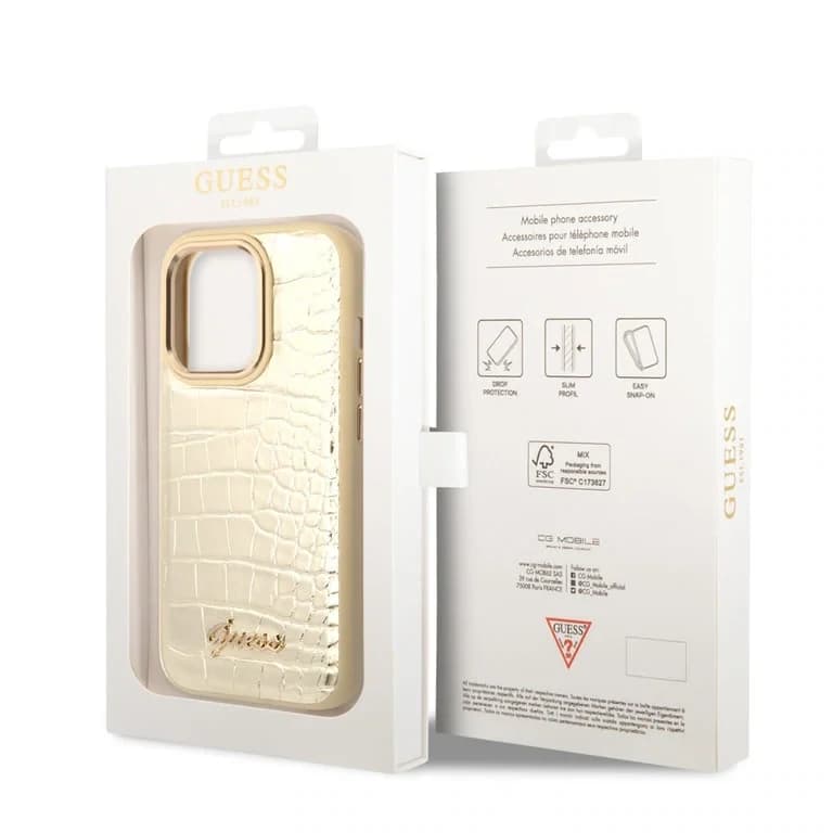 Guess iPhone 14 Pro Hardcase Achtercover - Croco - Metalen Knoppen & Camera