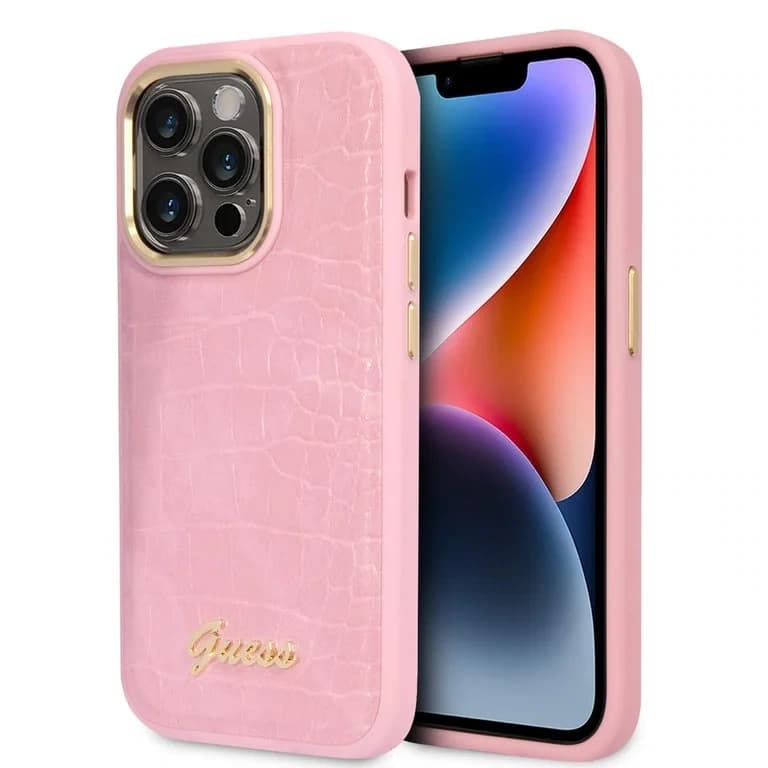 Guess iPhone 14 Pro Hardcase Achtercover - Croco - Metalen Knoppen & Camera
