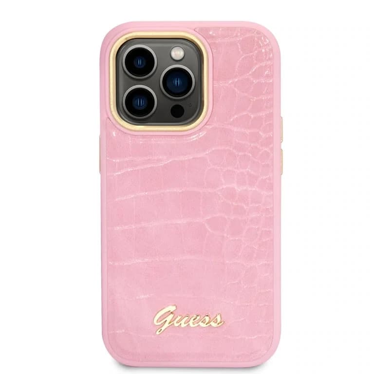 Guess iPhone 14 Pro Hardcase Achtercover - Croco - Metalen Knoppen & Camera
