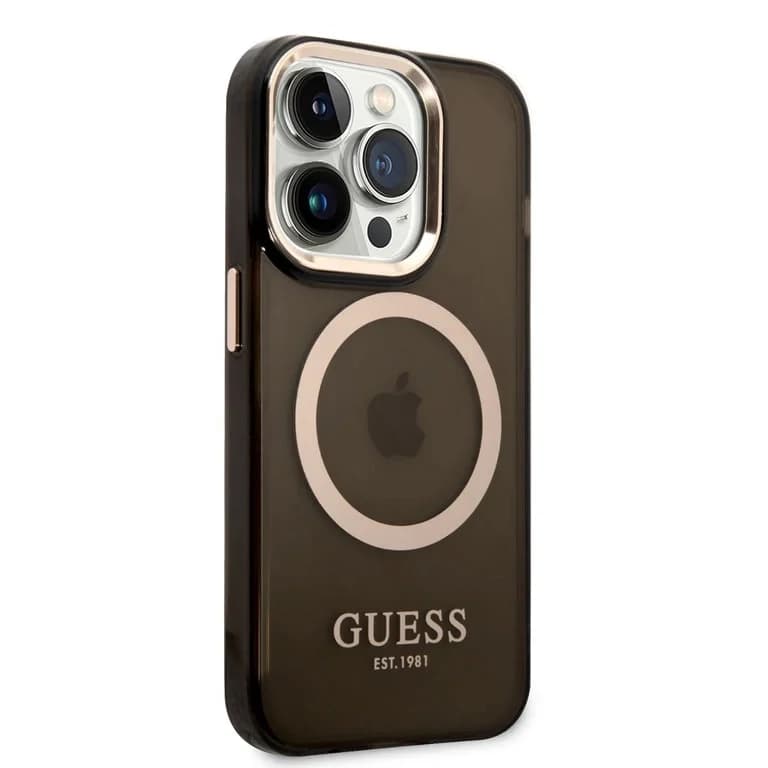 Guess iPhone 14 Pro Hardcase Achtercover - Gouden Knoppen & Camera - Magsafe Compatibel - Doorschijnend