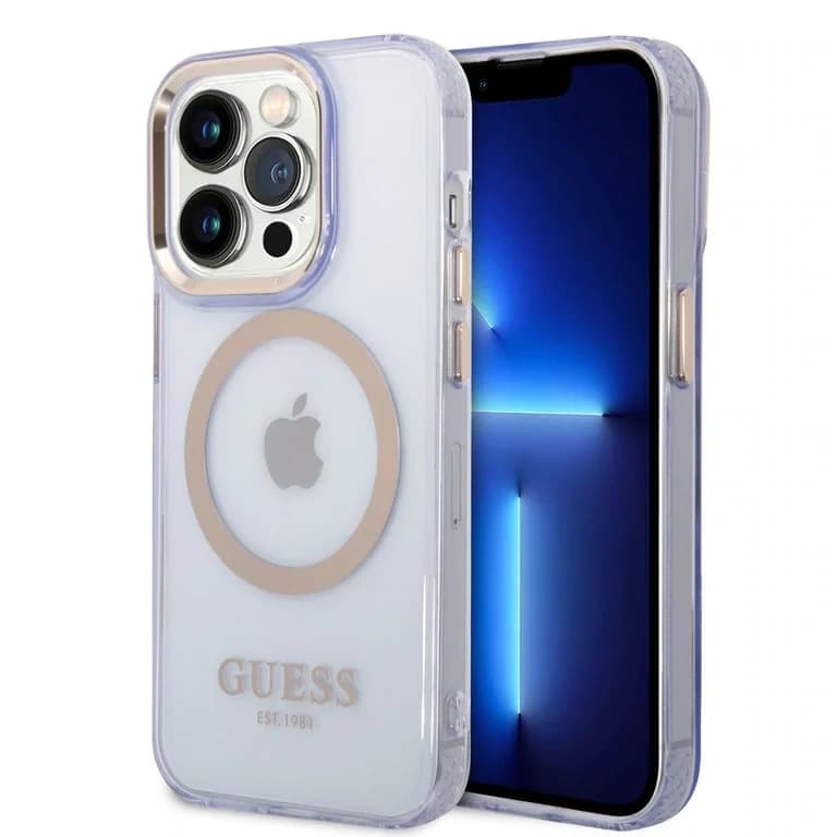 Guess iPhone 14 Pro Hardcase Achtercover - Gouden Knoppen & Camera - Magsafe Compatibel - Doorschijnend
