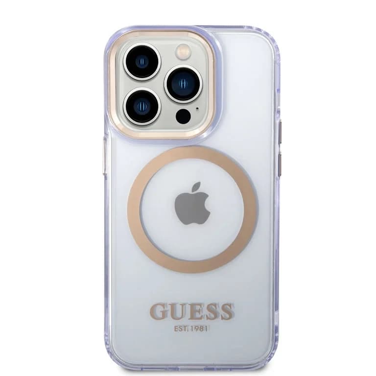 Guess iPhone 14 Pro Hardcase Achtercover - Gouden Knoppen & Camera - Magsafe Compatibel - Doorschijnend
