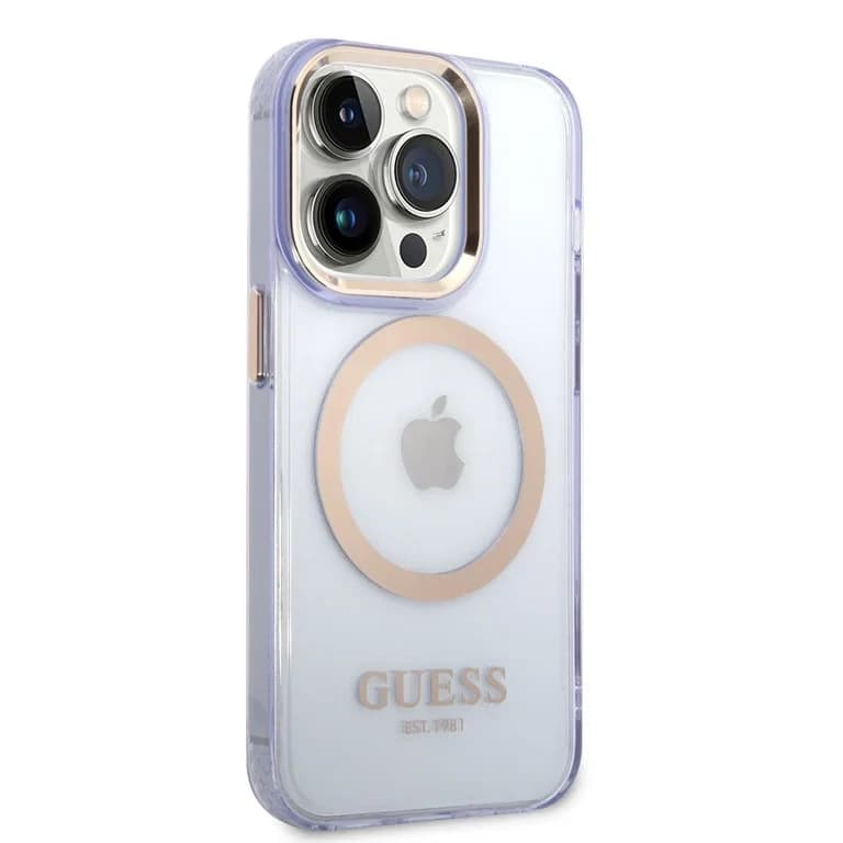Guess iPhone 14 Pro Hardcase Achtercover - Gouden Knoppen & Camera - Magsafe Compatibel - Doorschijnend