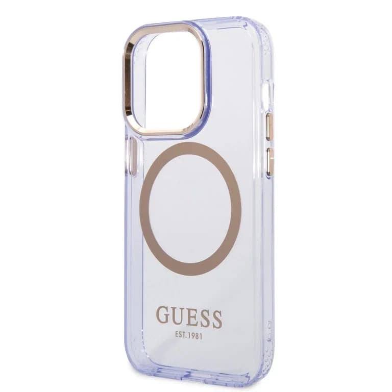 Guess iPhone 14 Pro Hardcase Achtercover - Gouden Knoppen & Camera - Magsafe Compatibel - Doorschijnend