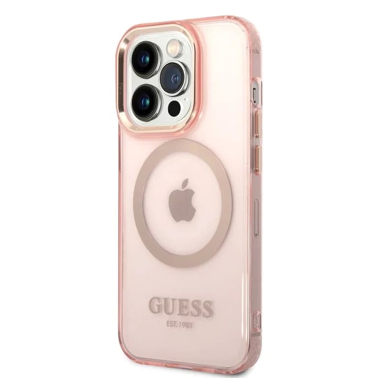 Guess iPhone 14 Pro Hardcase Achtercover - Gouden Knoppen & Camera - Magsafe Compatibel - Doorschijnend